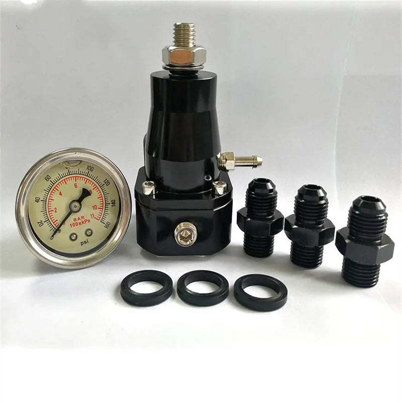 Black aluminium alloy fuel pressure regulator with adjustment mechanism for electronic injection systems