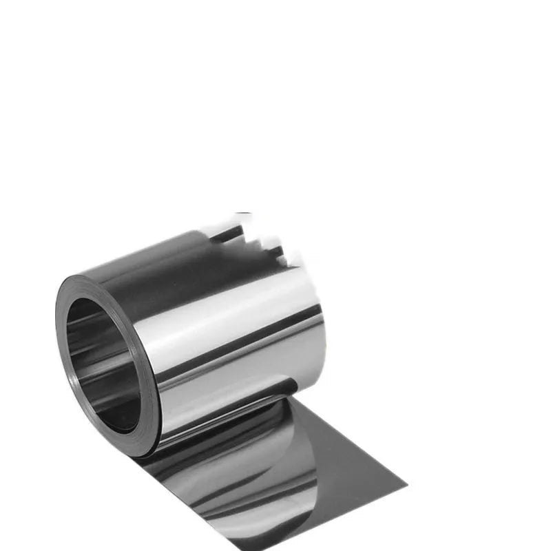 304 stainless steel metal shim strip on a workshop bench with a ruler showing its thin gauge.
