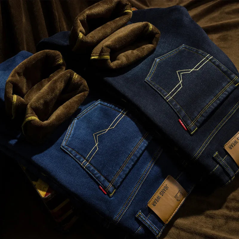 Men's cotton velvet lined straight leg jeans winter warm trousers in black and blue, sizes 28-42