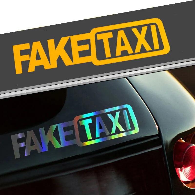 Set of three FAKE TAXI car warning stickers in yellow, black, and white, each 20cm by 8cm.