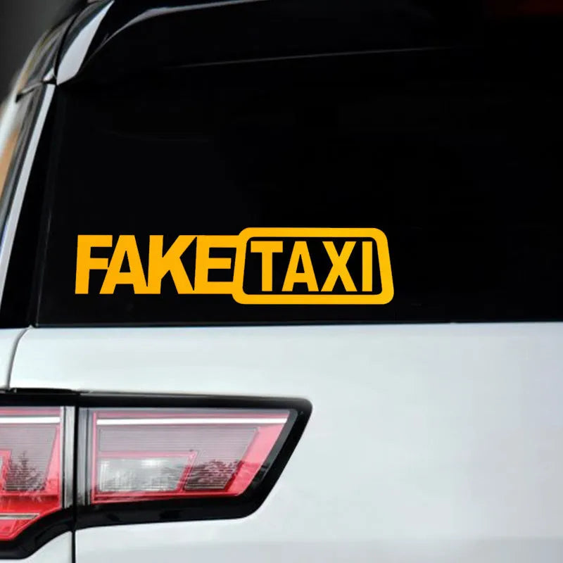 Set of three FAKE TAXI car warning stickers in yellow, black, and white, each 20cm by 8cm.