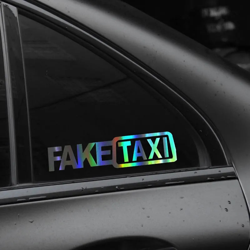 Set of three FAKE TAXI car warning stickers in yellow, black, and white, each 20cm by 8cm.