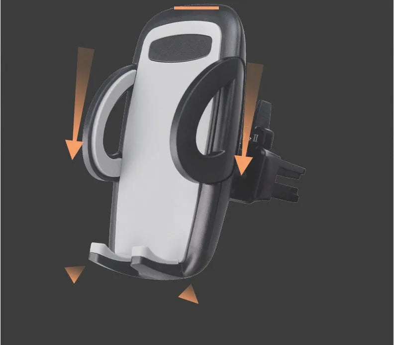 Black plastic car vent phone holder mounted on air conditioning outlet with smartphone