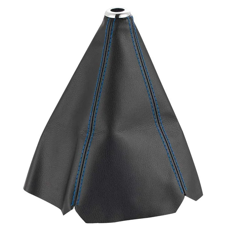 Black leather dirt-proof cover for a General Motors vehicle gear shift.