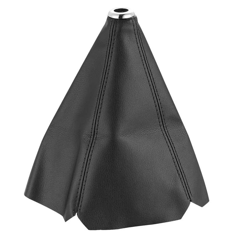 Black leather dirt-proof cover for a General Motors vehicle gear shift.