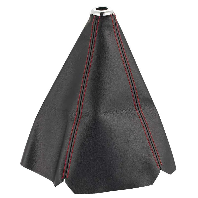 Black leather dirt-proof cover for a General Motors vehicle gear shift.