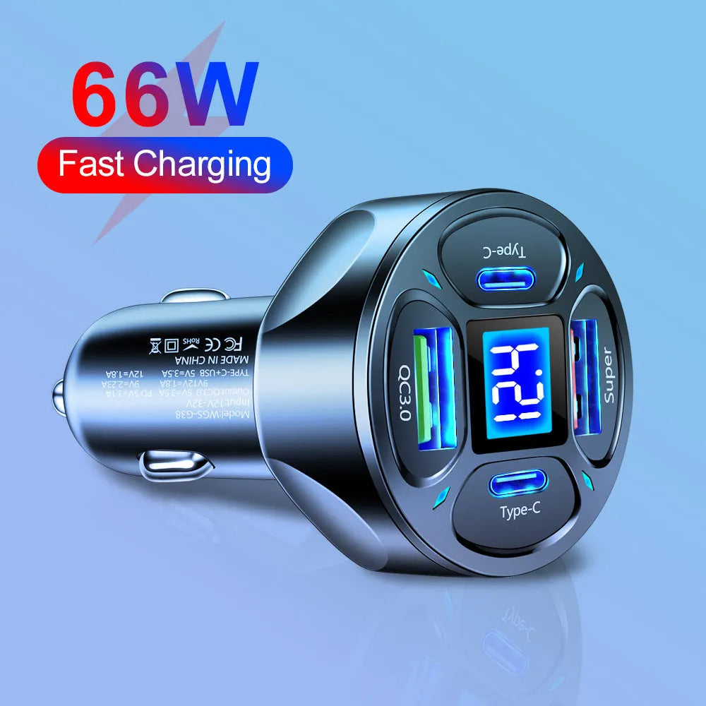 66W digital display car charger with four ports showing voltage readout