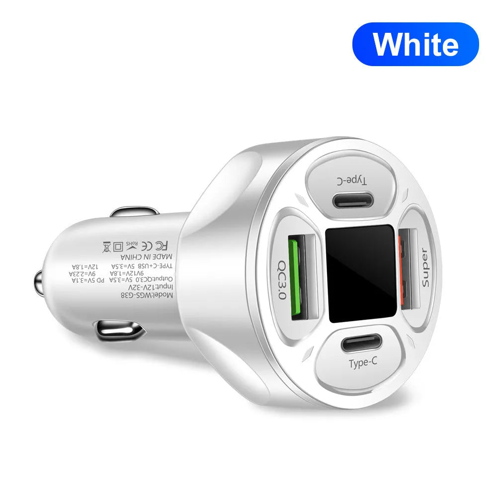 66W digital display car charger with four ports showing voltage readout