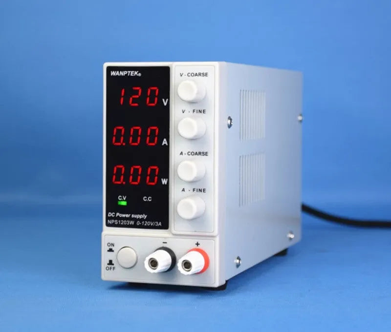 White adjustable DC power supply unit with digital display, model S605W, for electronics repair.