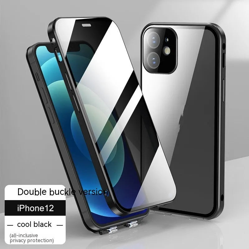 Glass back cover phone case for iPhone with double-sided buckle, shown in silver grey colour.