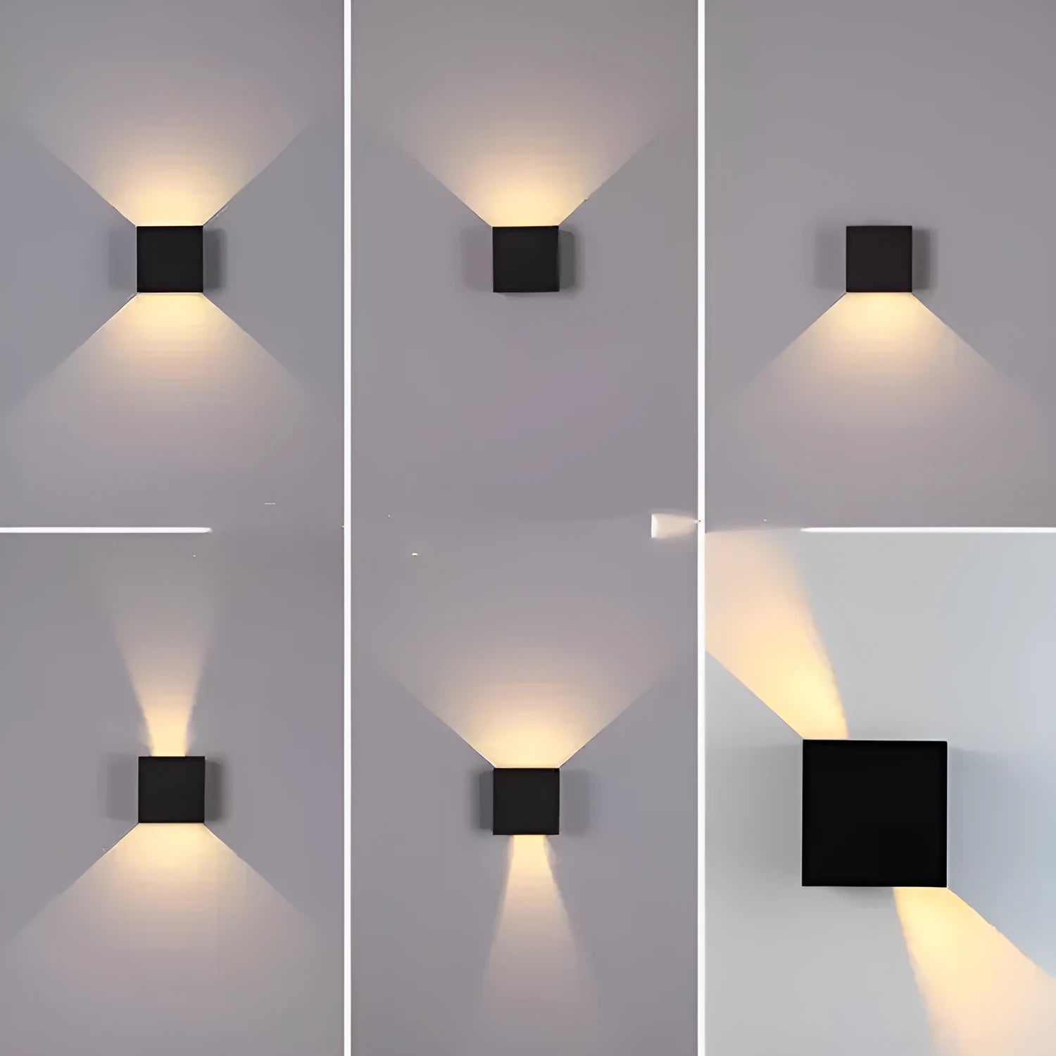 Black, grey, or white cube wall lamp with aluminium housing for corridor and garden lighting.
