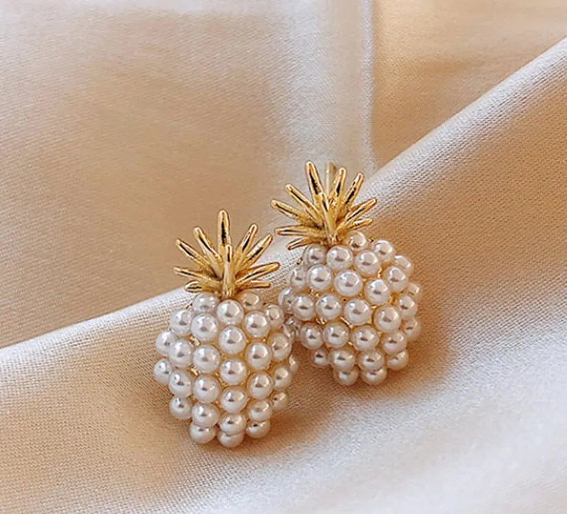 Korean-style alloy fruit earrings with inlaid stones in gold, pearl flower, silver, or starfish pearl finishes.