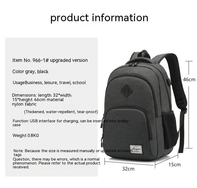 Gray nylon backpack with USB charging port and trolley sleeve on a suitcase.