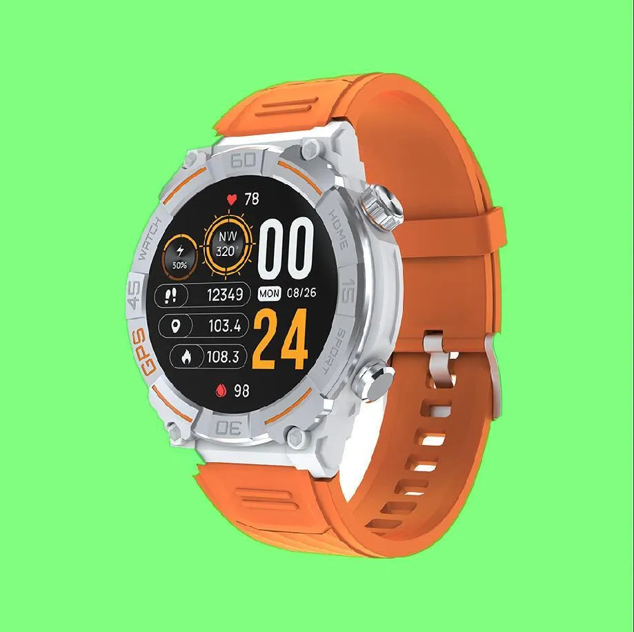 MG02 smart watch in black, khaki, or silver orange colours showing TFT touch screen and strap.