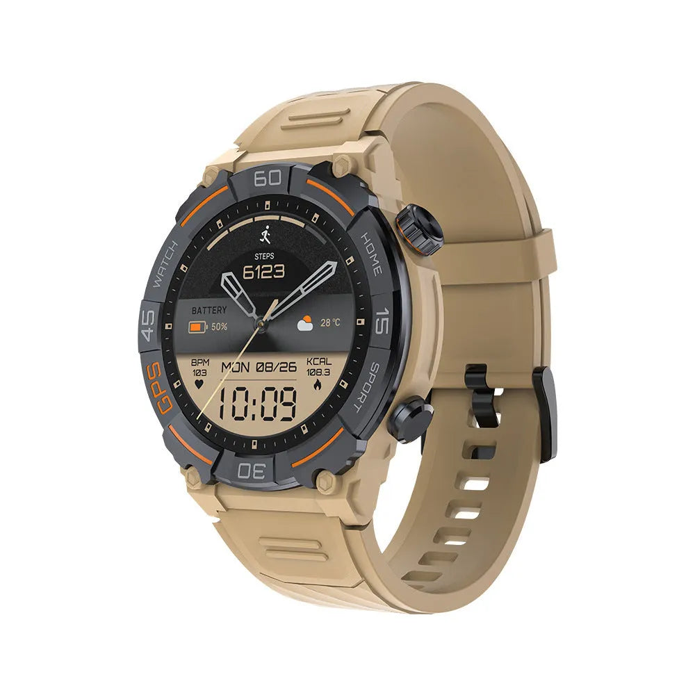 MG02 smart watch in black, khaki, or silver orange colours showing TFT touch screen and strap.