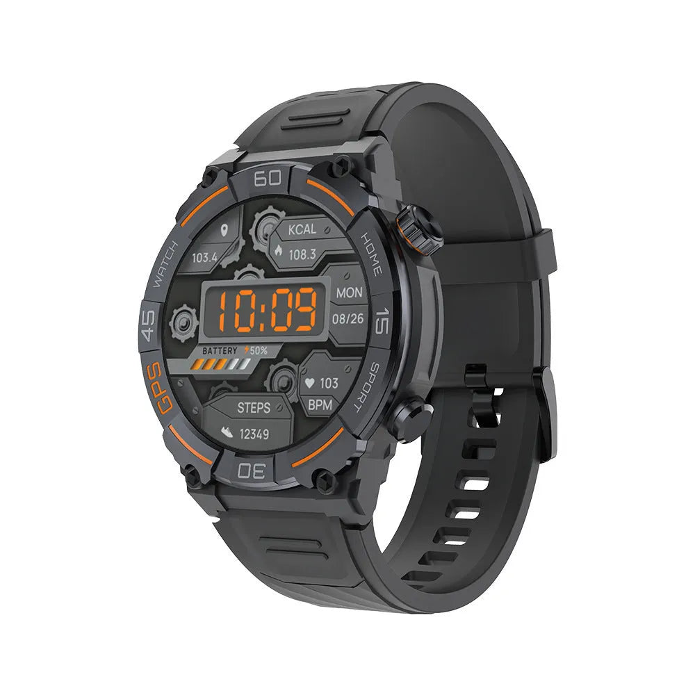 MG02 smart watch in black, khaki, or silver orange colours showing TFT touch screen and strap.