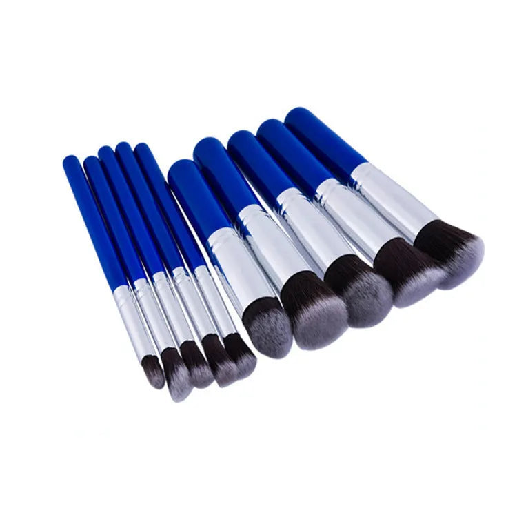 10-piece nylon makeup brush set with wooden handles in blue silver mini size