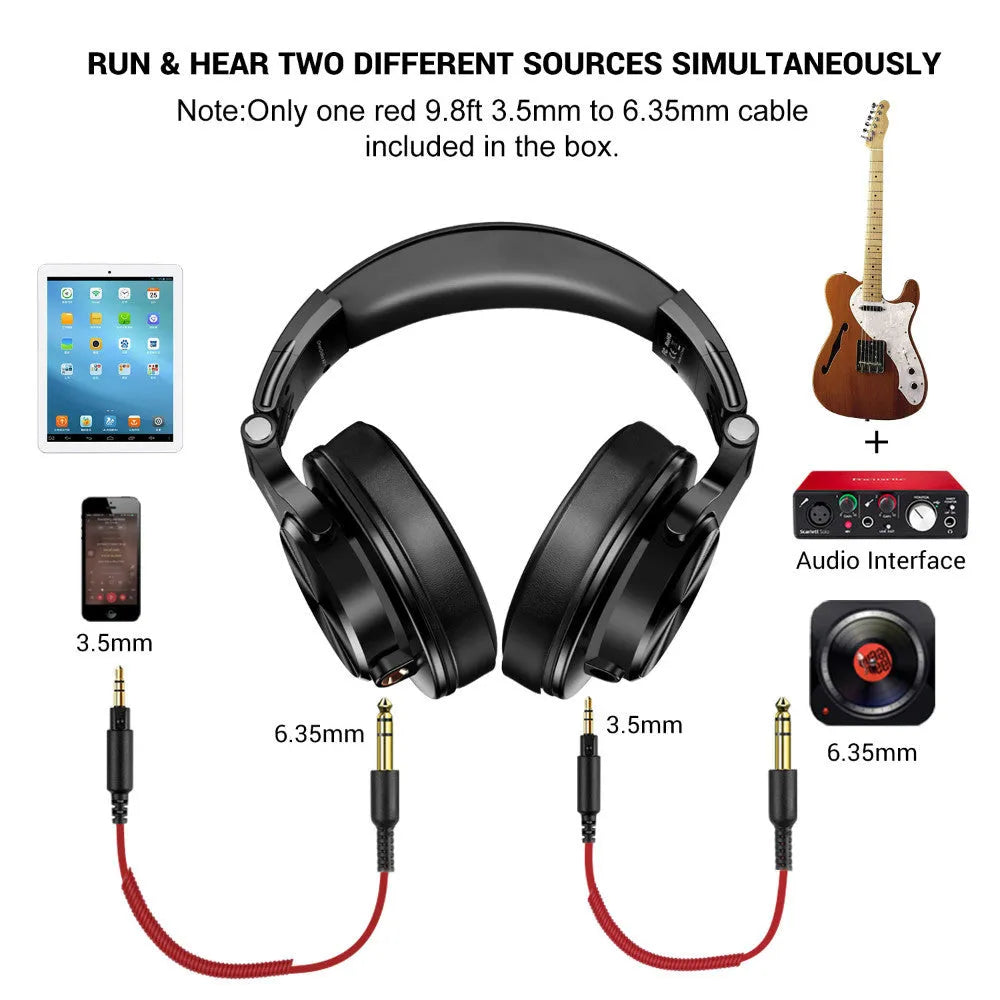 OneOdio wired over-ear headphones with 40mm drivers, shown in black and red colour options.