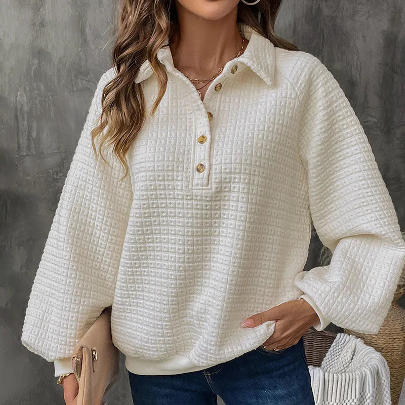 Women's thick textured polo collar sweater in milky white solid colour