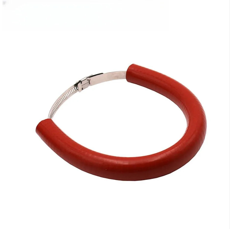 A black, a blue, and an orange universal motorcycle exhaust pipe steel clamp gasket on a white background.
