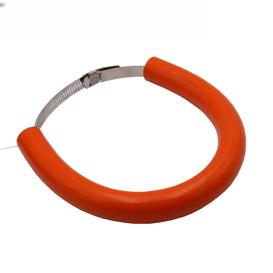 A black, a blue, and an orange universal motorcycle exhaust pipe steel clamp gasket on a white background.