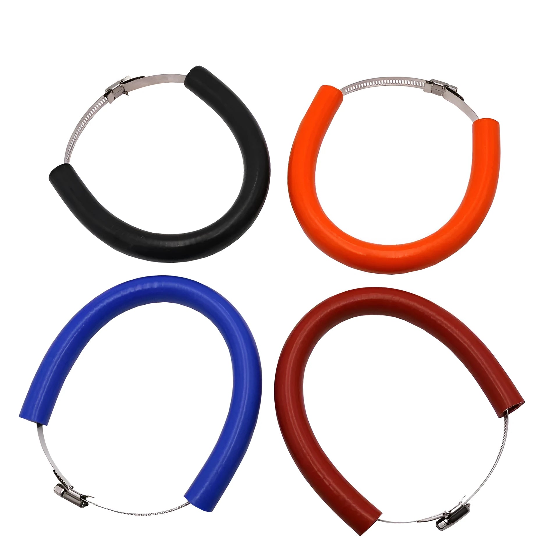 A black, a blue, and an orange universal motorcycle exhaust pipe steel clamp gasket on a white background.