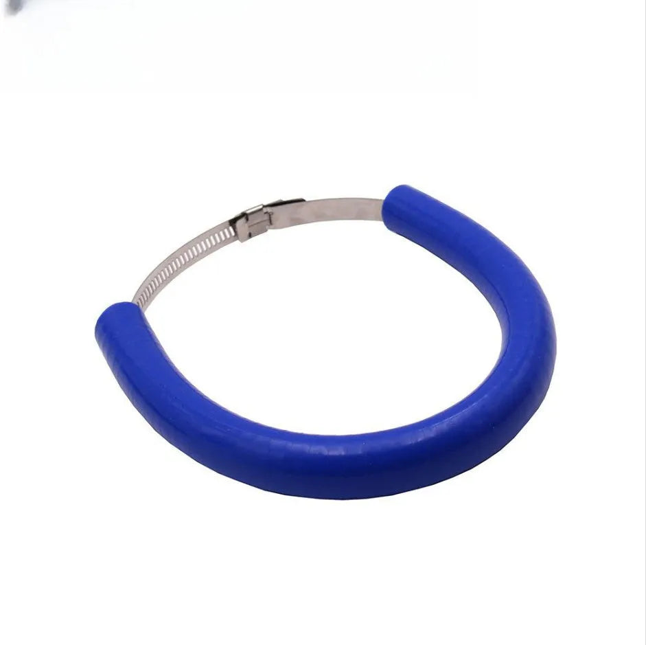 A black, a blue, and an orange universal motorcycle exhaust pipe steel clamp gasket on a white background.