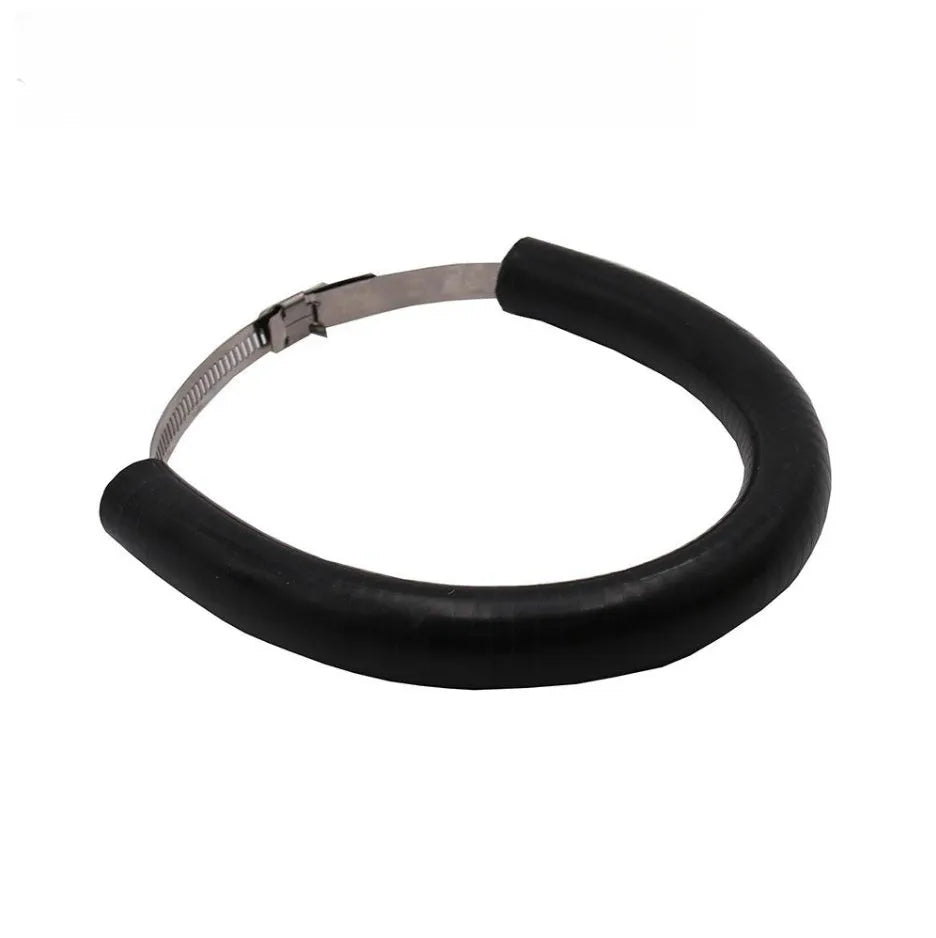 A black, a blue, and an orange universal motorcycle exhaust pipe steel clamp gasket on a white background.