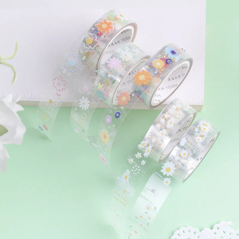 Five rolls of transparent adhesive tape with a Midsummer Daisy cartoon pattern, each 1.5cm wide.