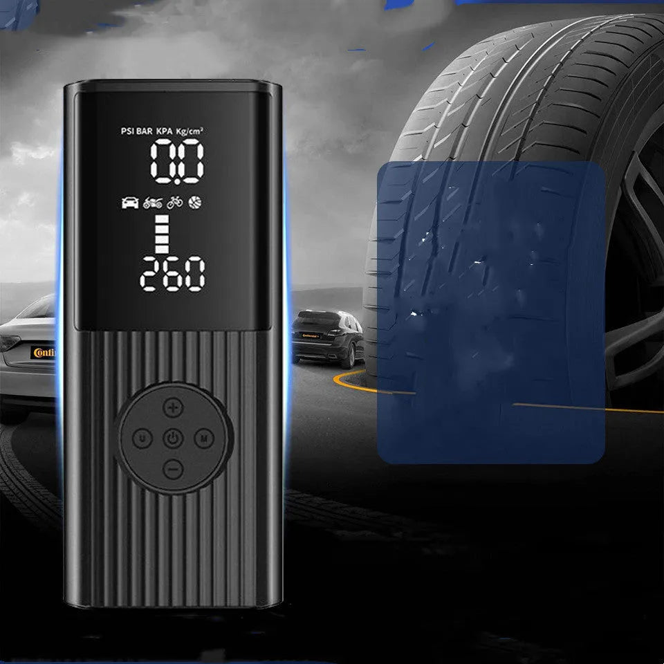 Black portable wireless car tyre inflator with digital display, LED light, and USB port on a red background.