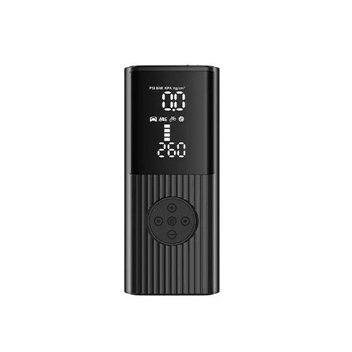 Black portable wireless car tyre inflator with digital display, LED light, and USB port on a red background.