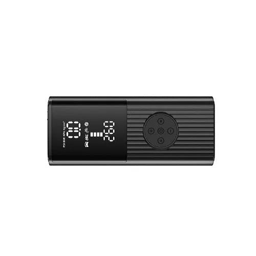 Black portable wireless car tyre inflator with digital display, LED light, and USB port on a red background.