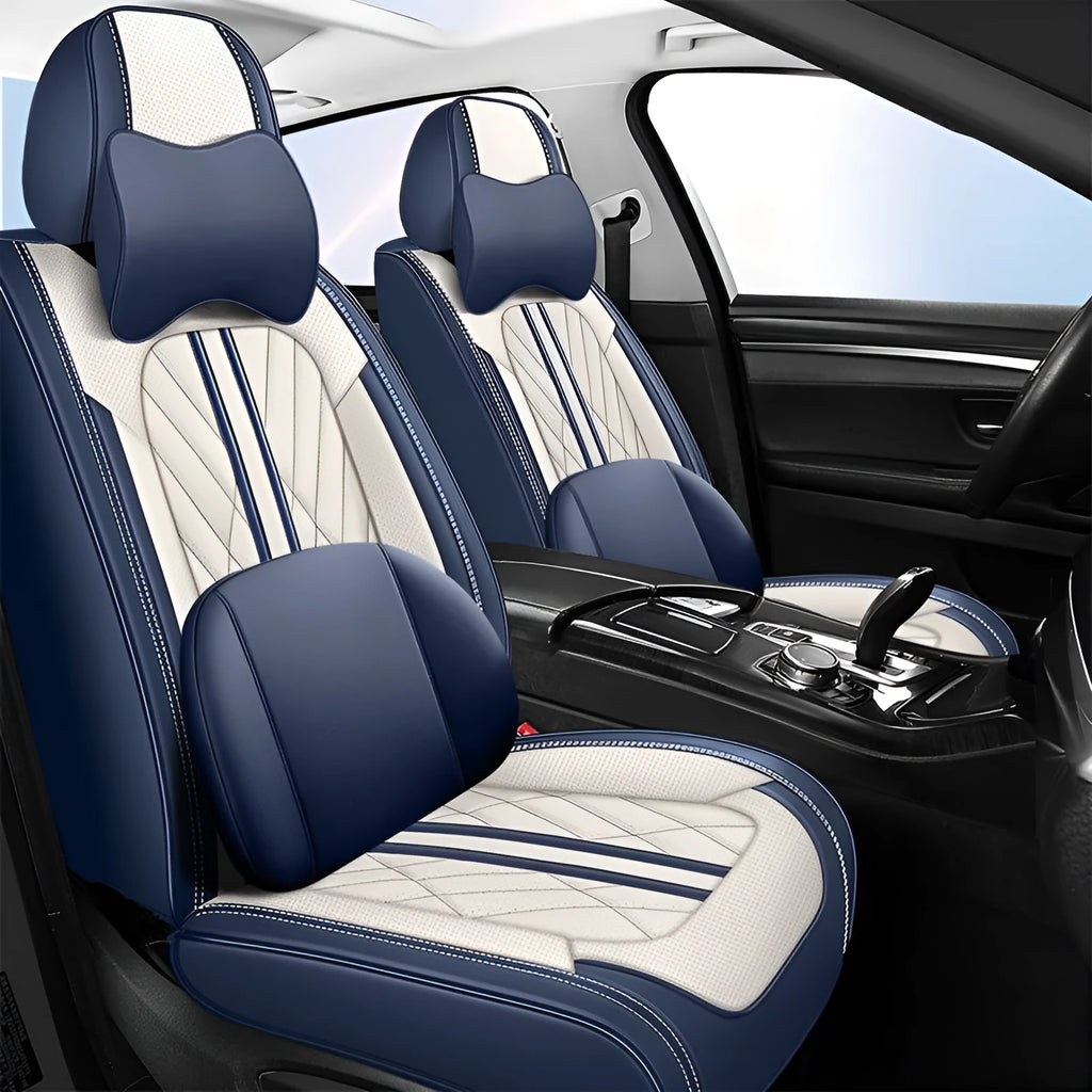 Five-piece leather car seat cushion set in various colour options with hemmed edge detailing