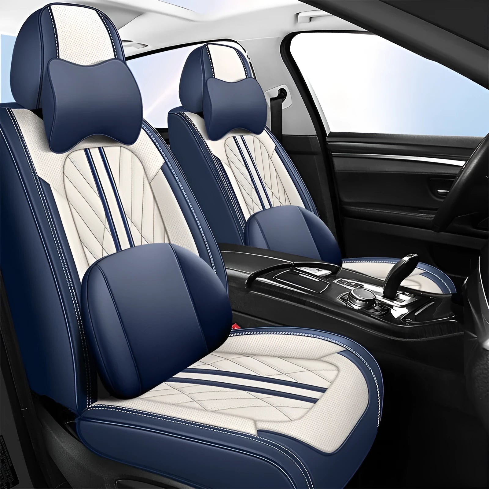Five-piece leather car seat cushion set in various colour options with hemmed edge detailing