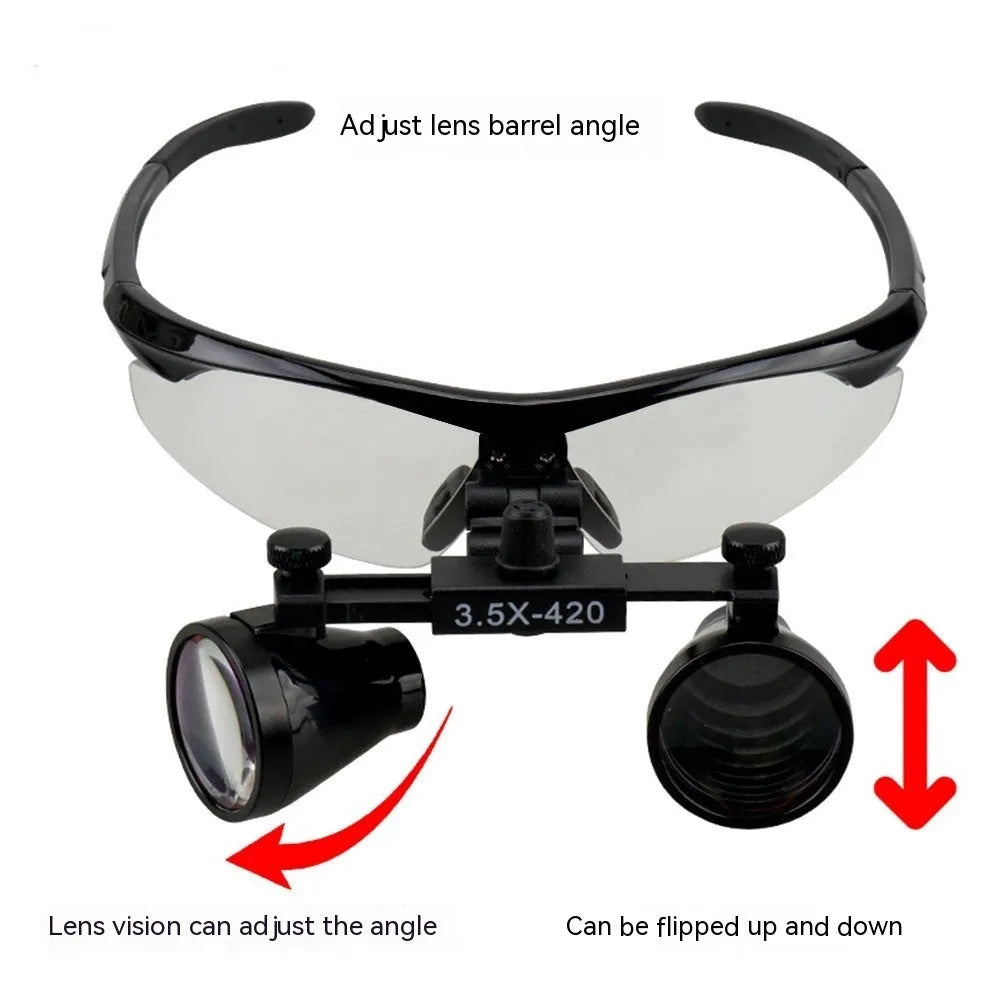 Black plastic head-mounted LED magnifying glass for dental and detailed work, showing adjustable strap and lens.