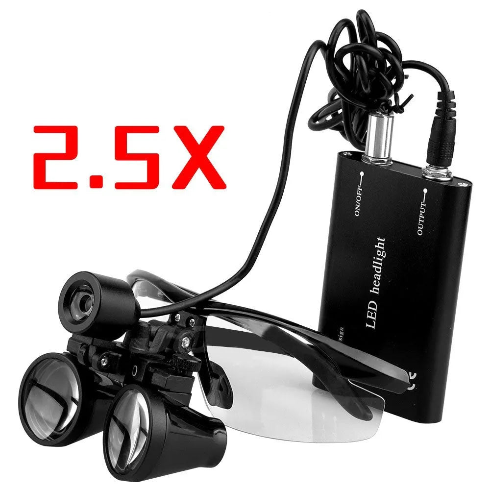 Black plastic head-mounted LED magnifying glass for dental and detailed work, showing adjustable strap and lens.