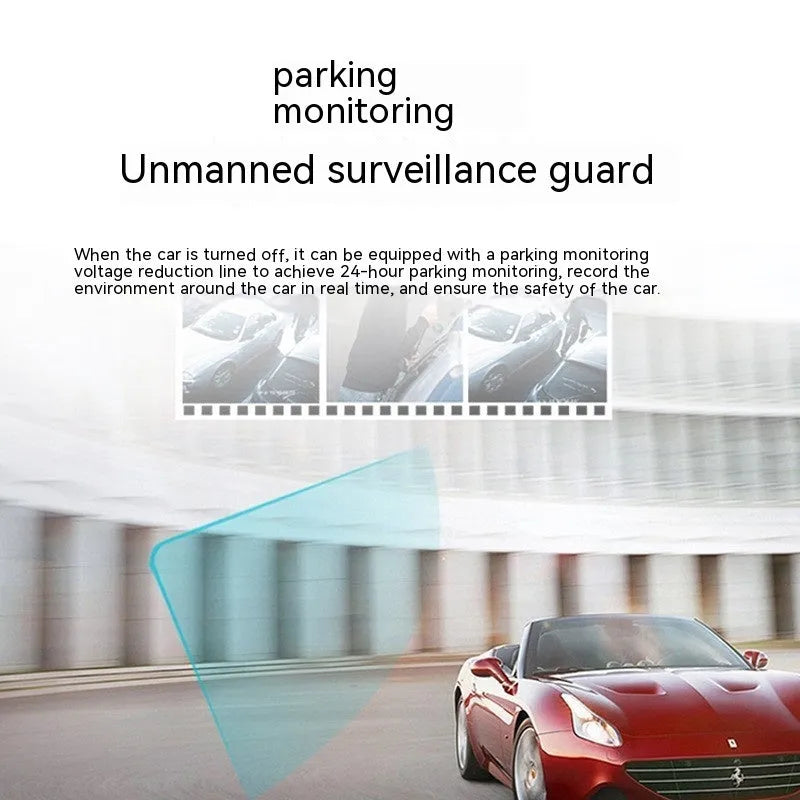 Black dashboard camera with 5-inch screen, mobile phone interconnect, and three recording format options