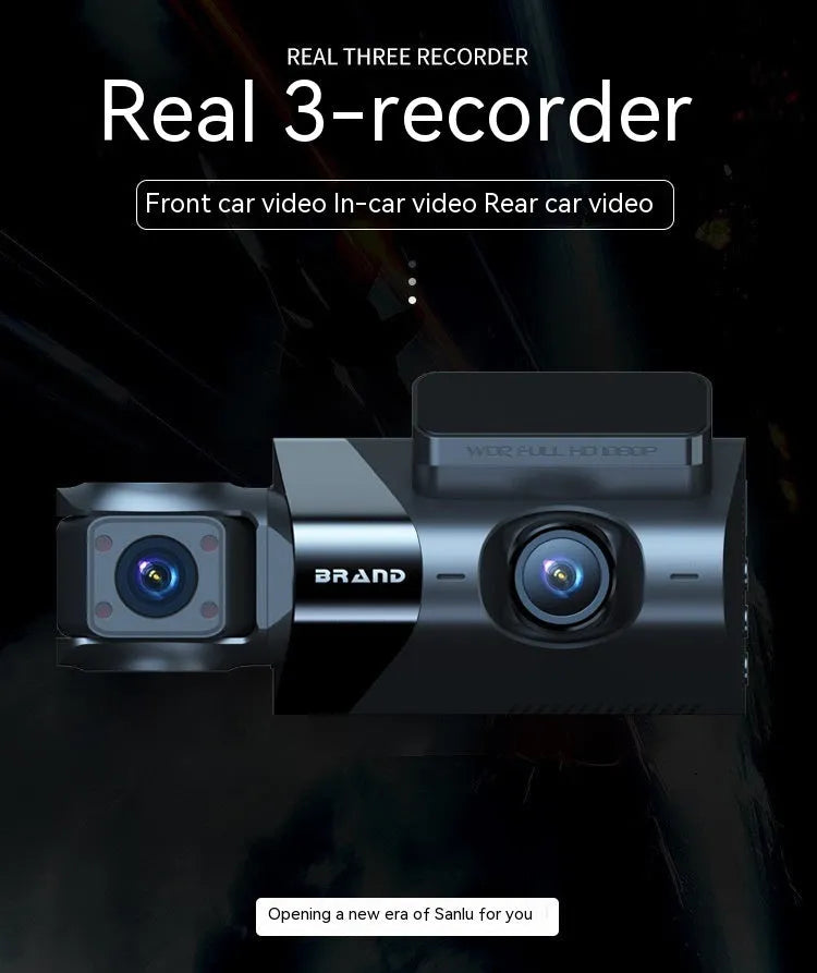 Black dashboard camera with 5-inch screen, mobile phone interconnect, and three recording format options