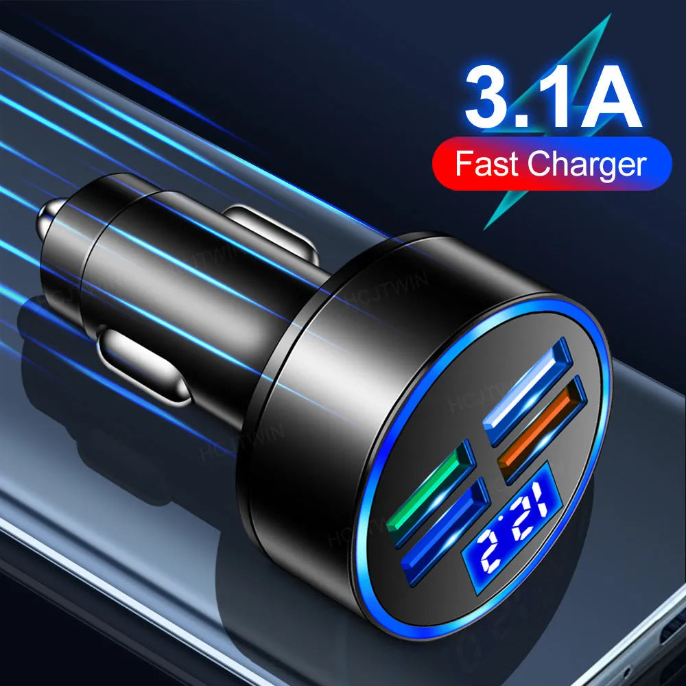 Black multi-port car USB charger with four ports and cigarette lighter plug for vehicle power outlet