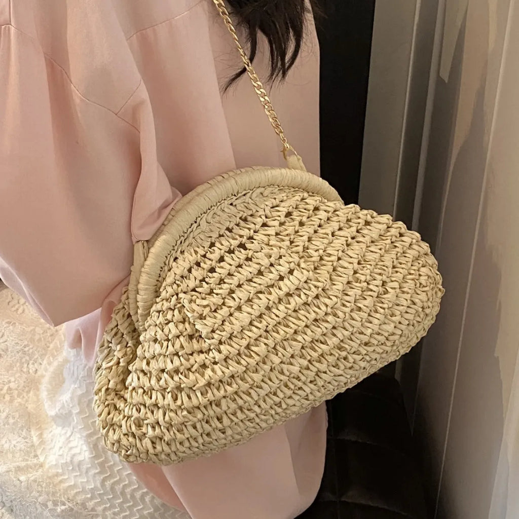 Women's straw beach shoulder bag with leather-look trim in khaki colour