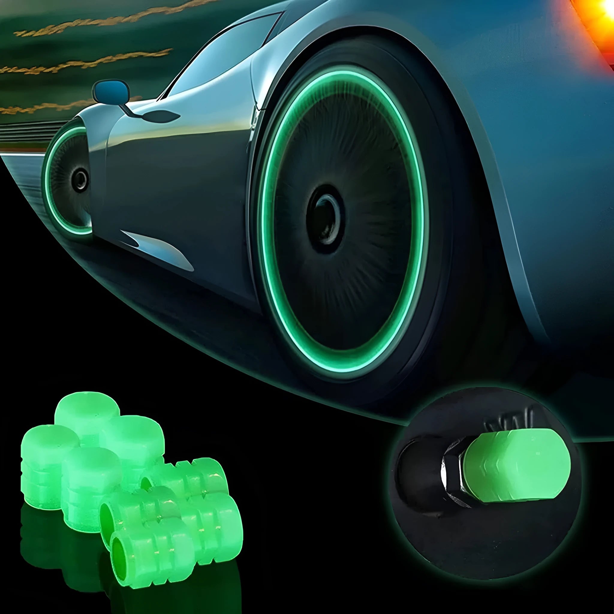 Pack of green and blue luminous rubber tyre valve caps on a car tyre valve.