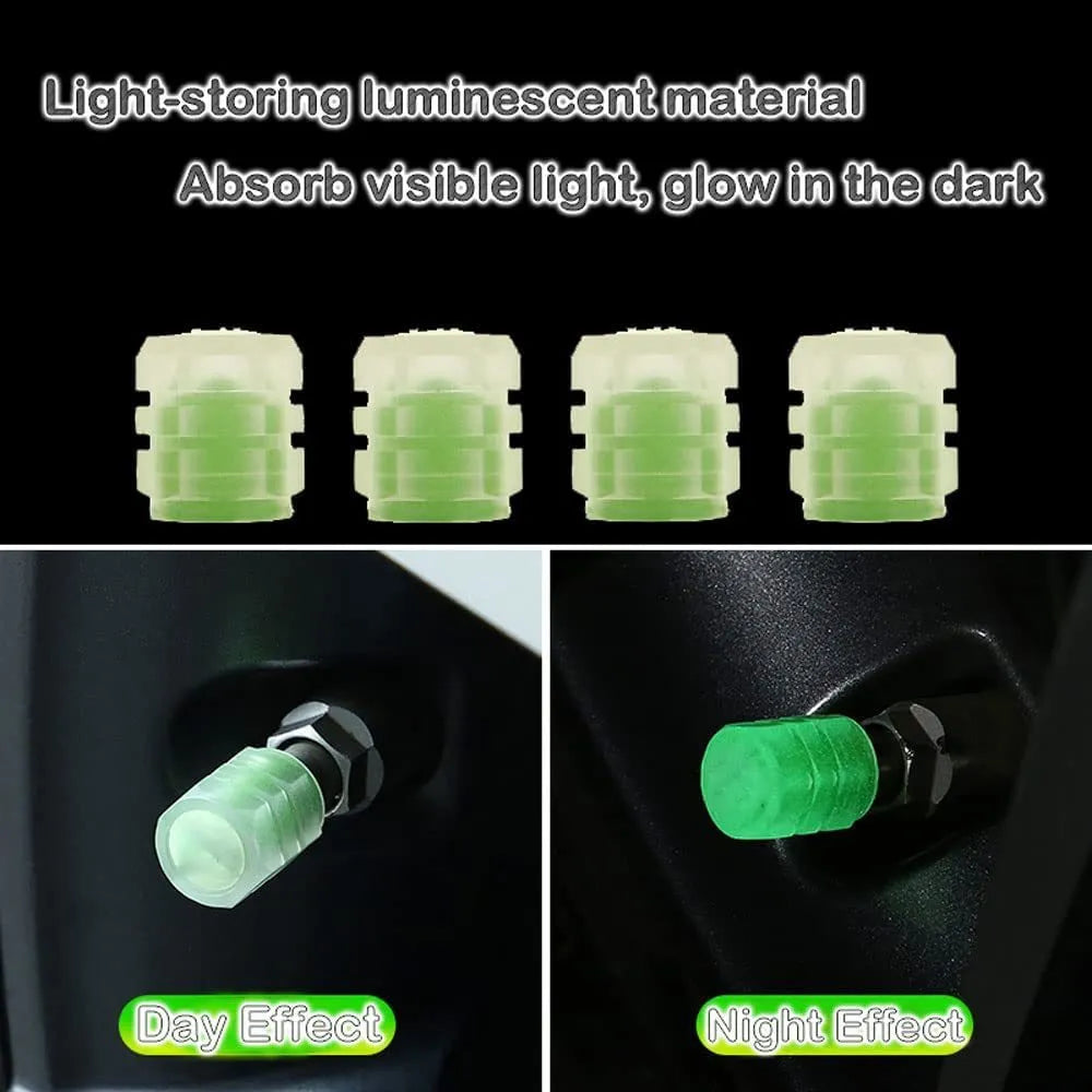 Pack of green and blue luminous rubber tyre valve caps on a car tyre valve.