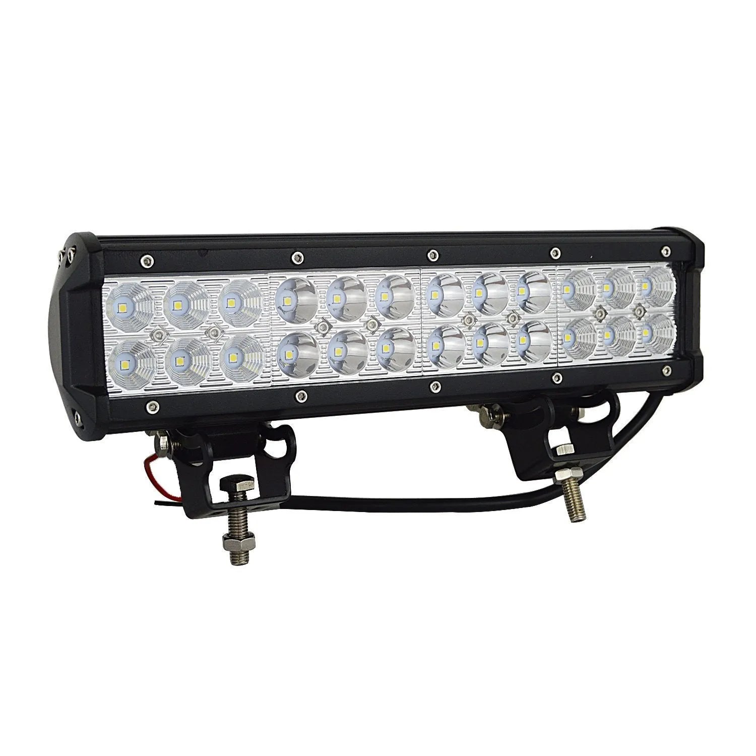 Black aluminium alloy double row LED off-road roof light with PMMA lens and mounting bracket.