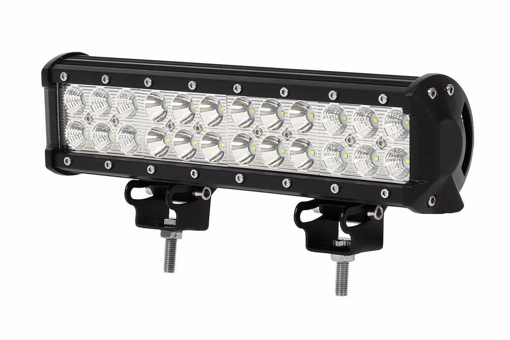 Black aluminium alloy double row LED off-road roof light with PMMA lens and mounting bracket.