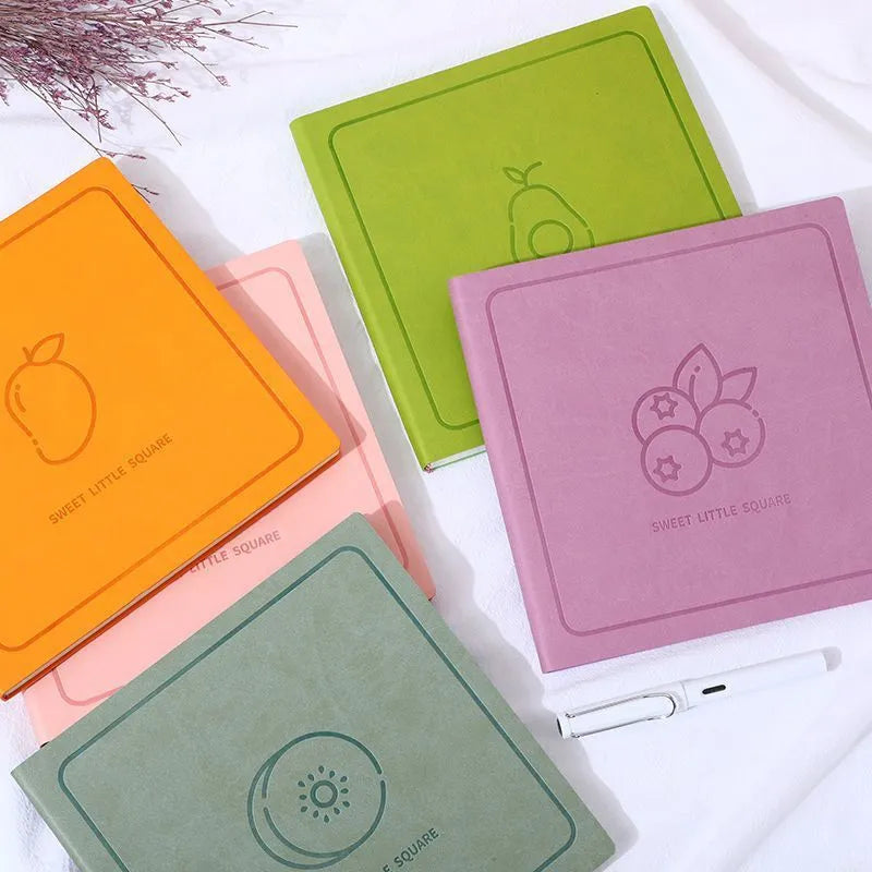 Square faux leather notebook with Daolin paper pages in peach pink, avocado green, and blueberry purple colour options
