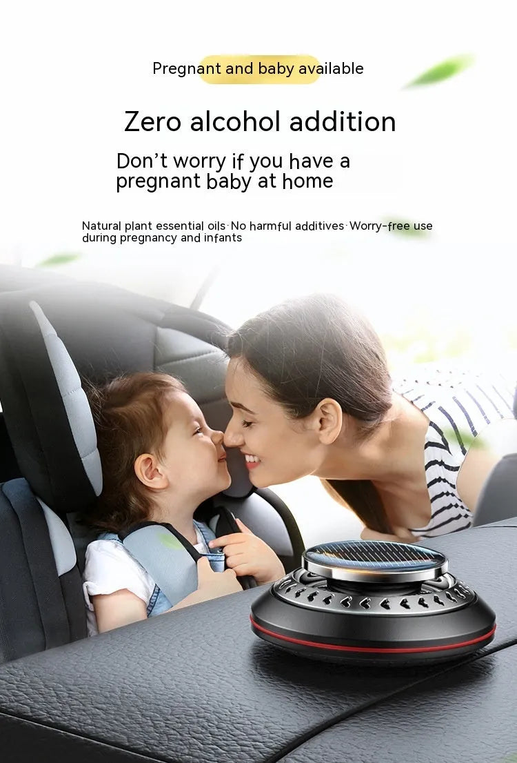 Solar-powered car air freshener with aluminium alloy housing and rotating fan
