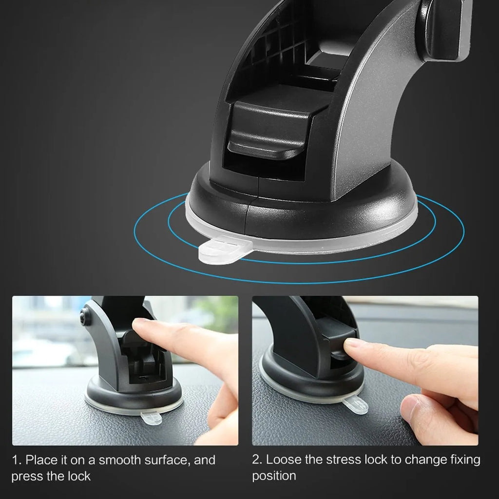 Yellow car phone holder with telescopic arm and suction cup mount on textured dashboard