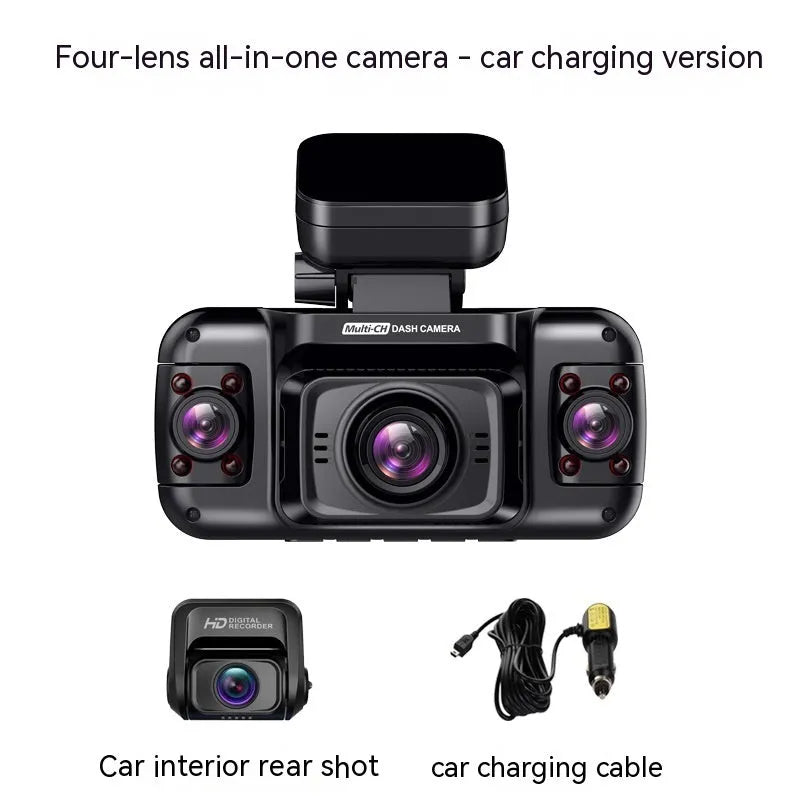 Multi-lens car dashboard camera with 2-inch screen and compact plastic housing for vehicle recording