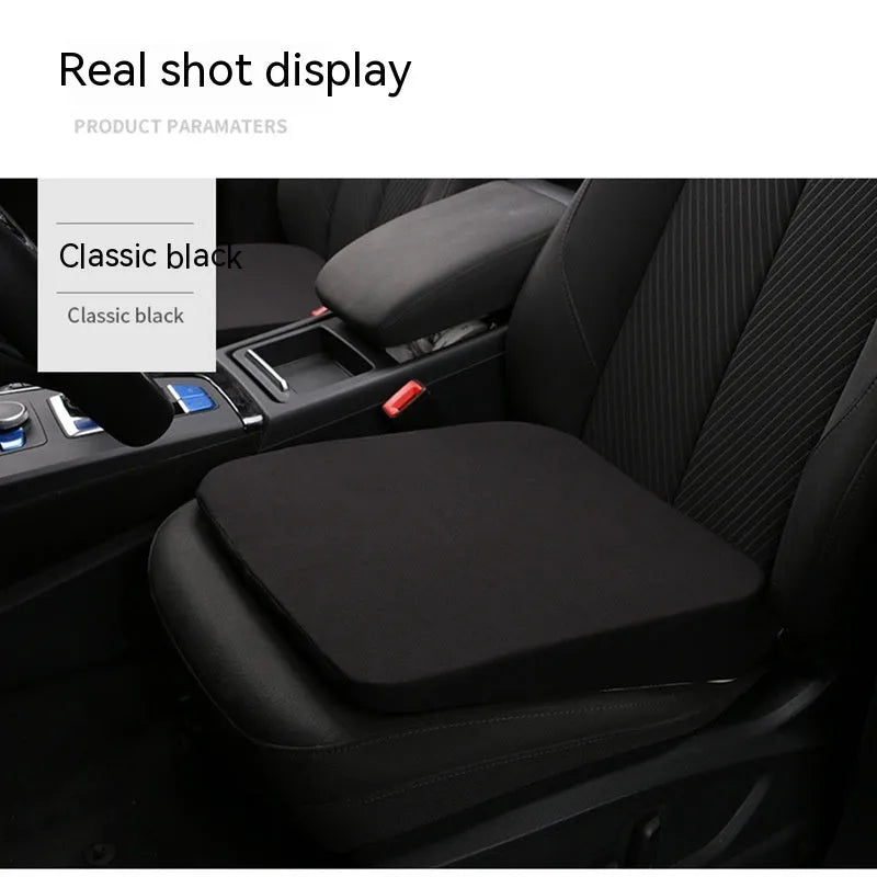 Black rectangular car seat cushion for heightening, approximately 42cm by 39cm by 6cm thick.