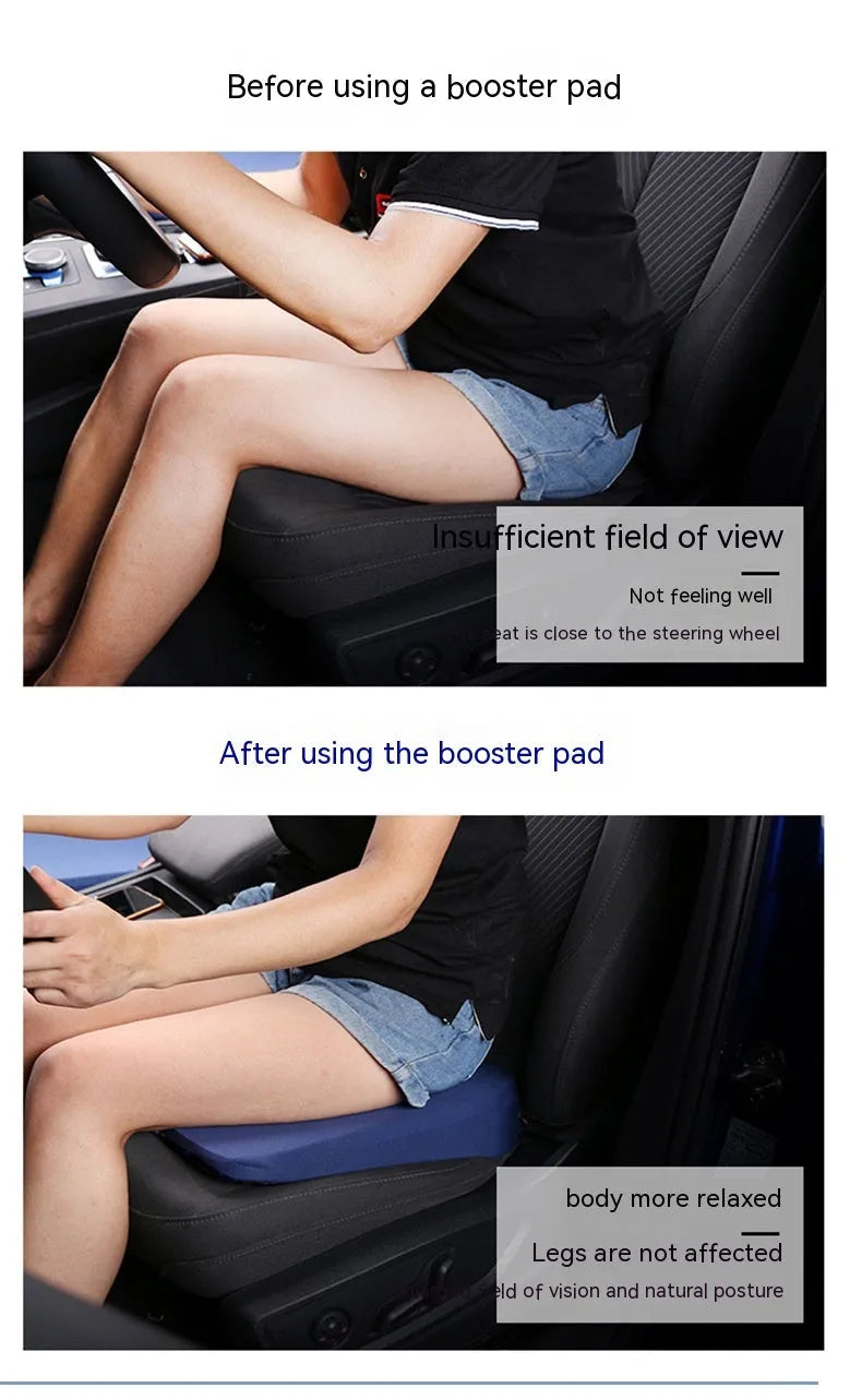 Black rectangular car seat cushion for heightening, approximately 42cm by 39cm by 6cm thick.